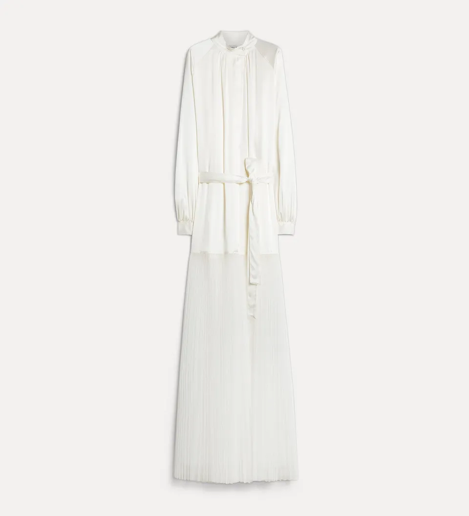 Forte abiti abito lungo bianco in seta e tulle plissé