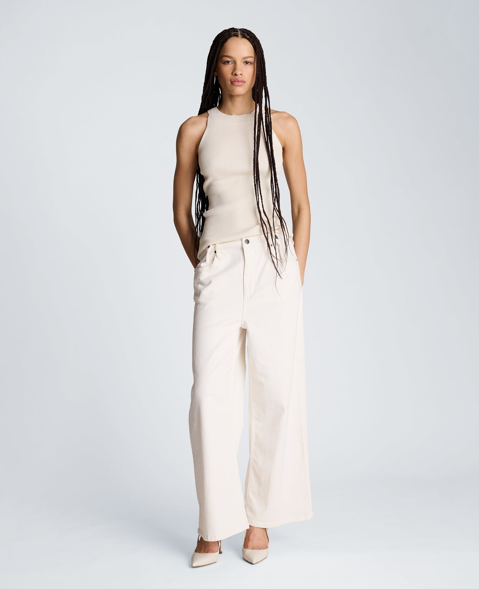 Kenneth Cole Reaction Clothing High Rise Fly Front Wide Leg Denim jeans bianchi Pure White vita alta