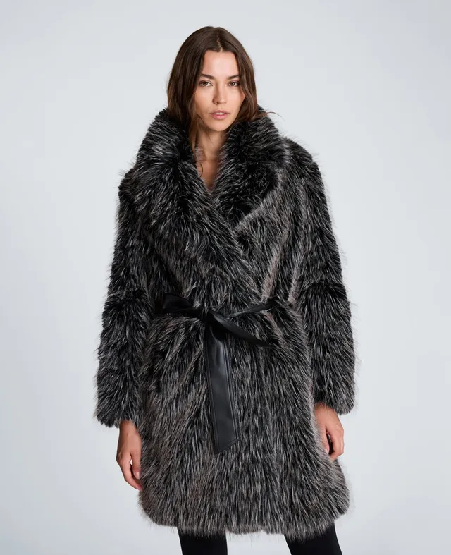 Kenneth Cole Reaction Clothing Midi Fur Jacket with Contrast Belt giacca nera ecopelliccia