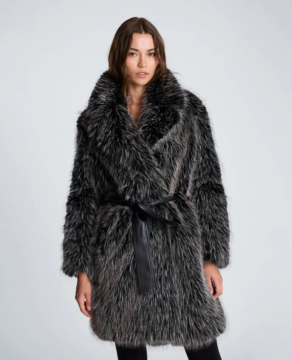 Kenneth Cole Reaction Clothing Midi Fur Jacket with Contrast Belt giacca nera ecopelliccia