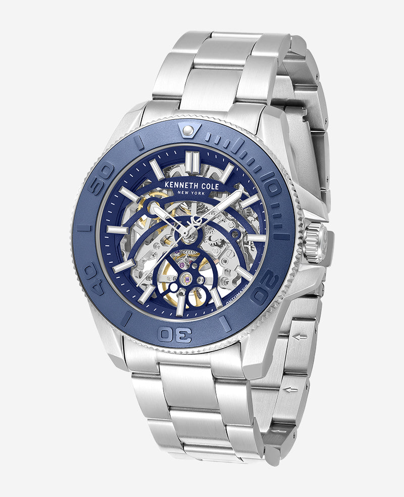 Kenneth Cole Reaction Watches Skeleton Automatic Blue Contrast Dial Bracelet Watch orologio automatico argento e blu