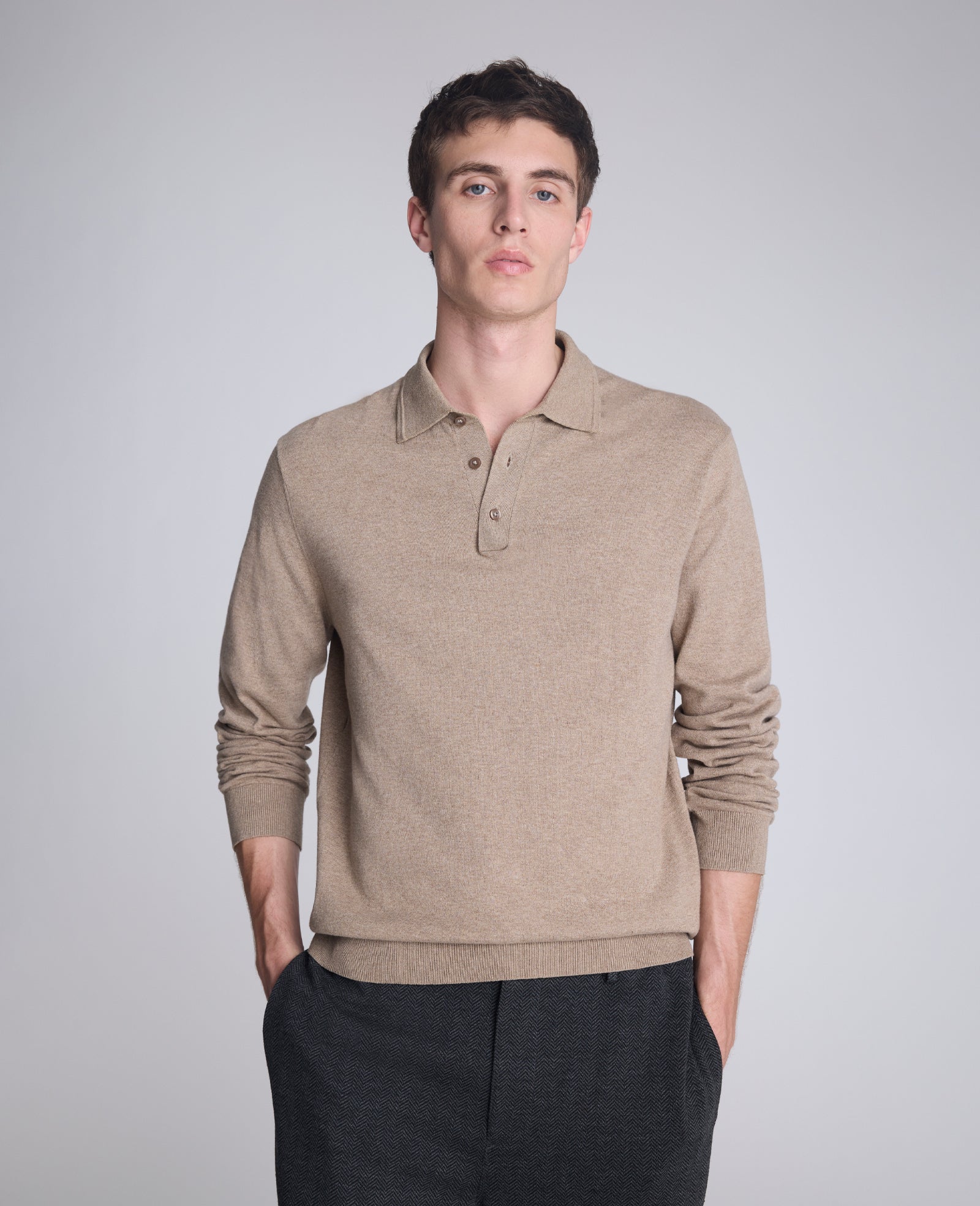 Kenneth Cole Reaction Clothing Long Sleeve Button Sweater Polo polo marrone chiaro
