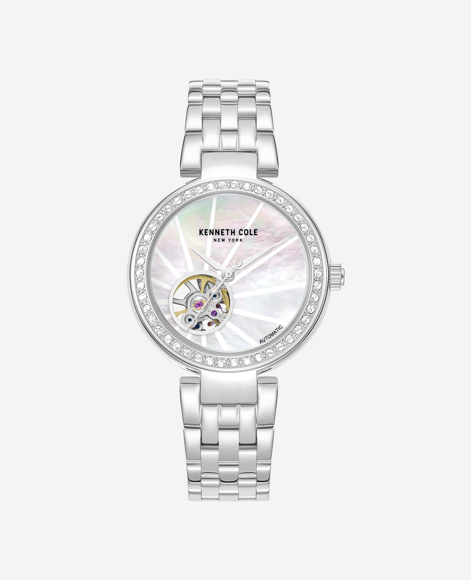 Kenneth Cole Reaction Watches Open Heart Automatic Crystal Lined MOP Dial Bracelet Watch orologio argento
