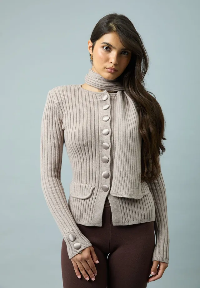House Of Sunny Women's Knitwear Taupe Power Peggy cardigan a coste con sciarpa