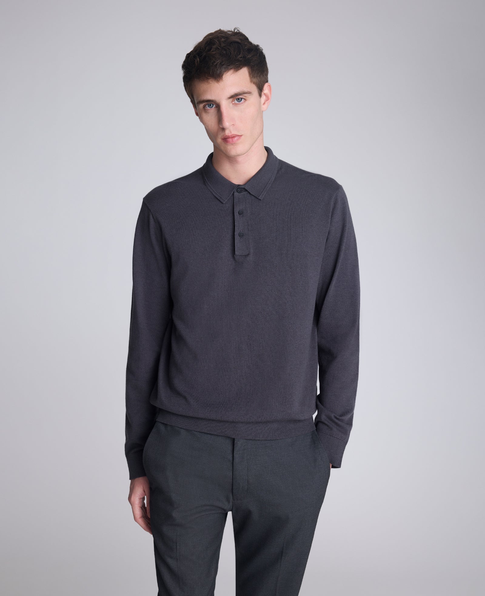 Kenneth Cole Reaction Clothing Long Sleeve Button Sweater Polo polo manica lunga grigio