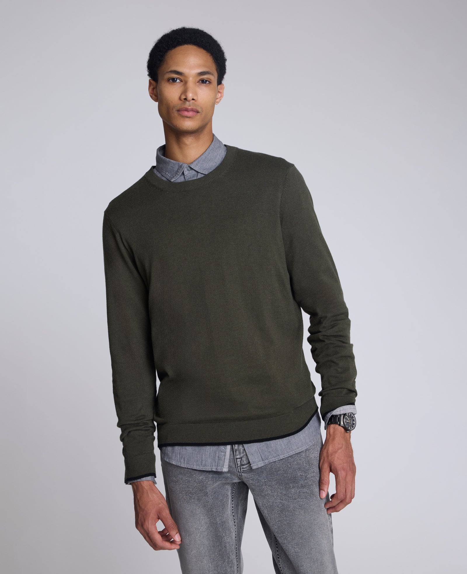 Kenneth Cole Reaction Clothing Crewneck Sweater with Tipping Details maglione verde slim fit