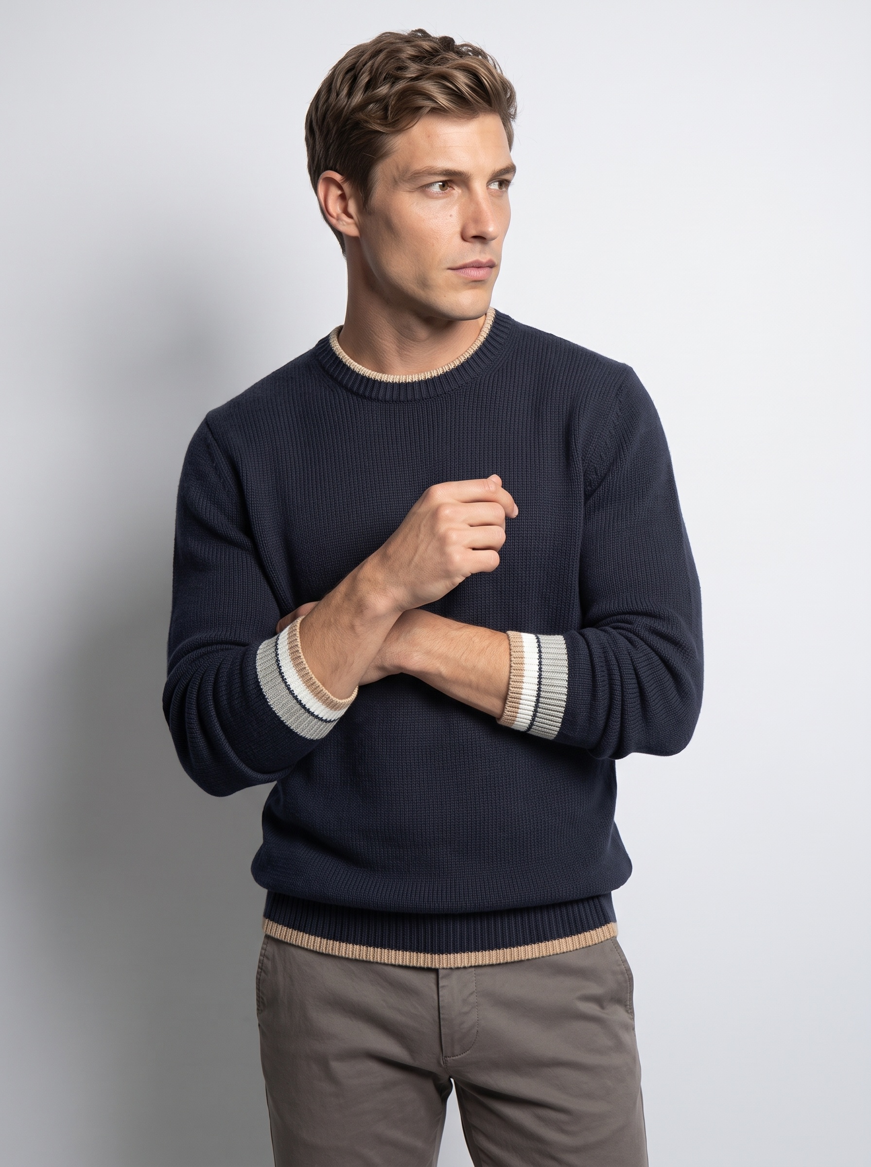 Markup Uomo Maglieria Maglione Girocollo Costine Contrasto