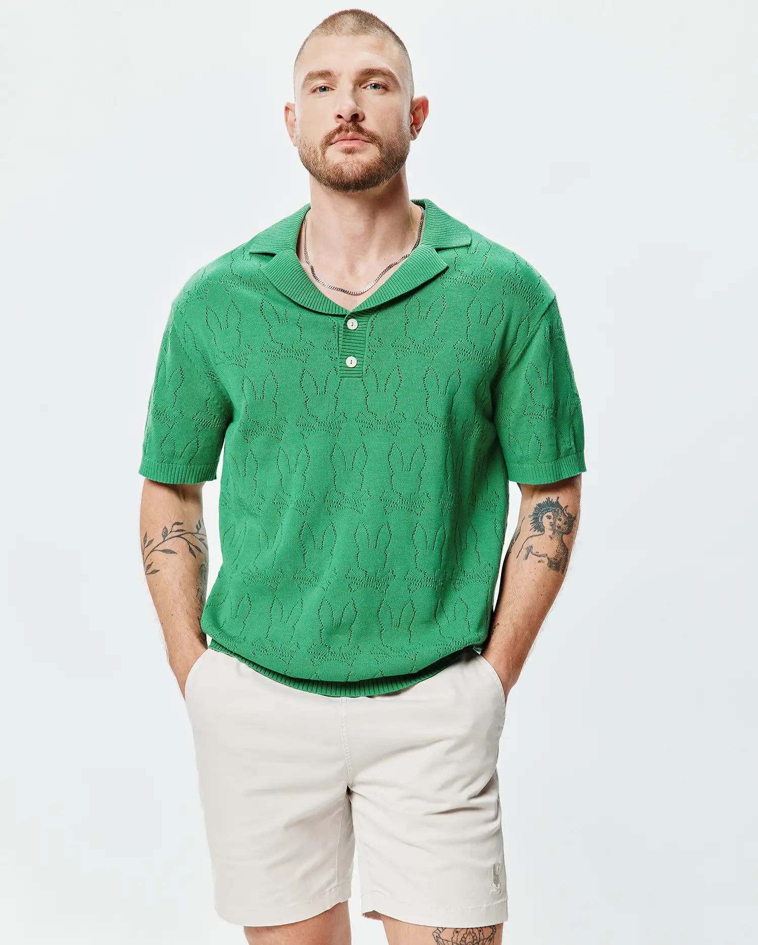 Psycho Bunny Men's Polos Harold Pointelle All Over Bunny polo in maglia verde