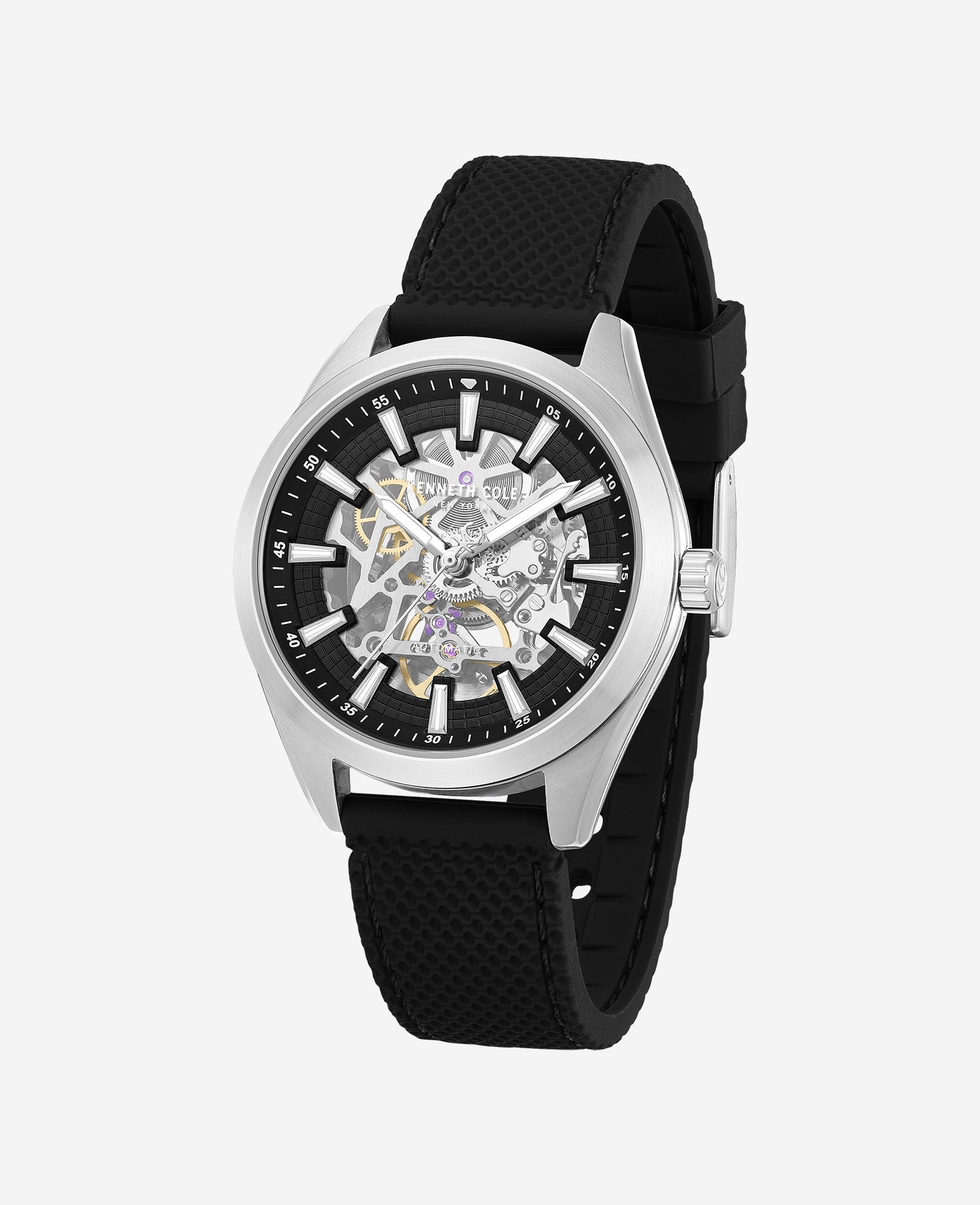 Kenneth Cole Reaction Watches Skeleton Automatic Silicone Strap Watch orologio nero