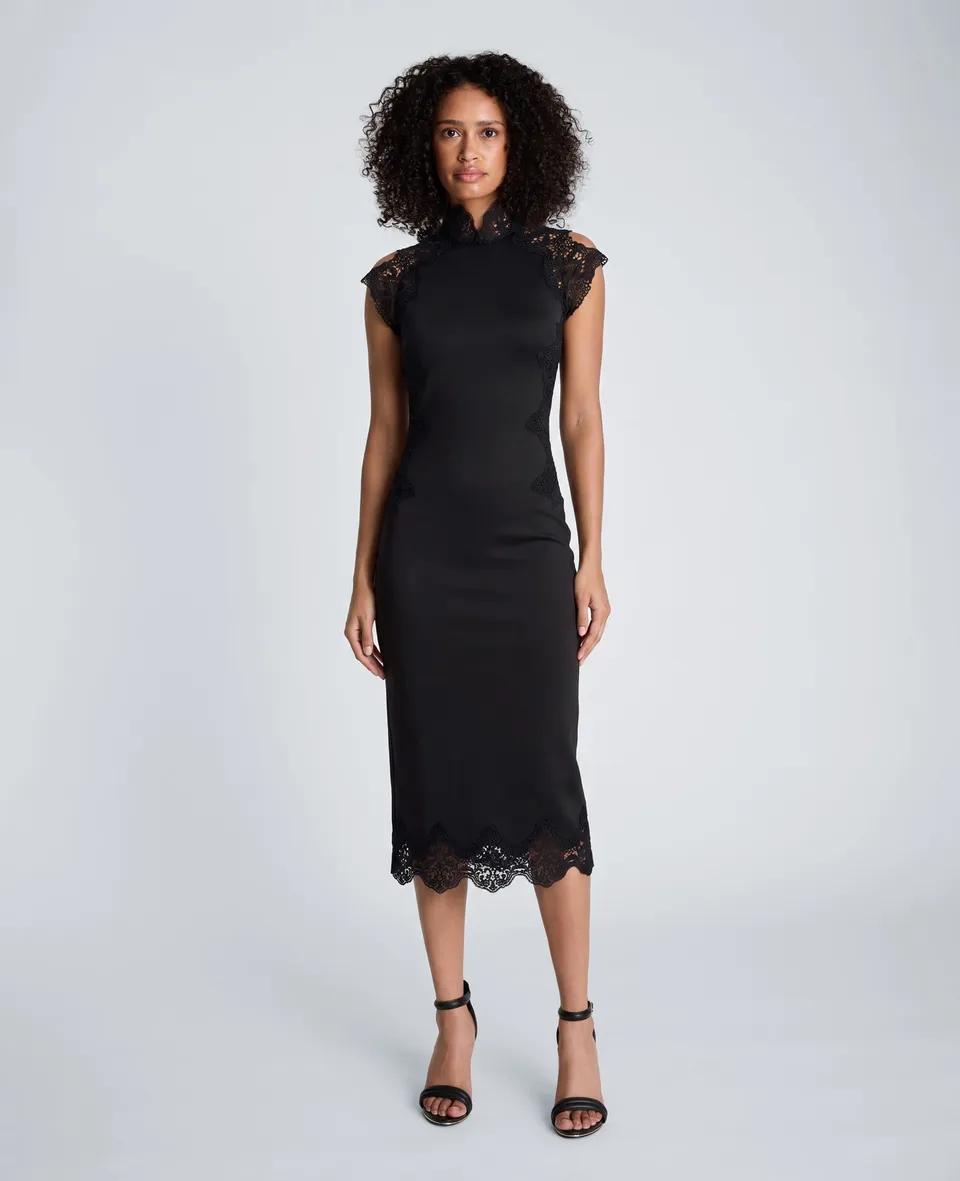 Kenneth Cole Reaction Mock Neck Lace Layered Midi Dress abito nero