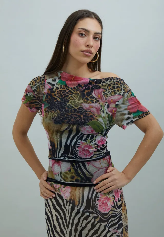 House Of Sunny Womens Tops Tropical Mesh Top top in mesh animalier