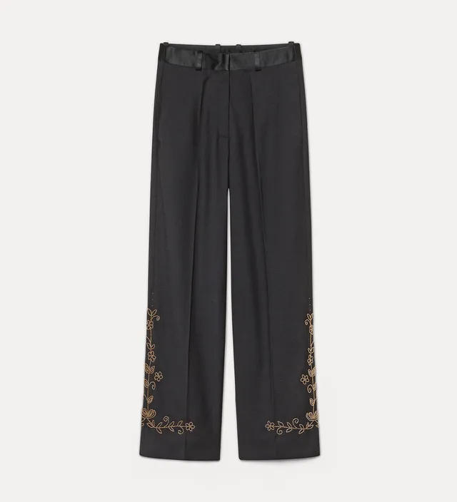Forte pantaloni trousers with “the queen's beads” hand embroidery black pantaloni ricamati