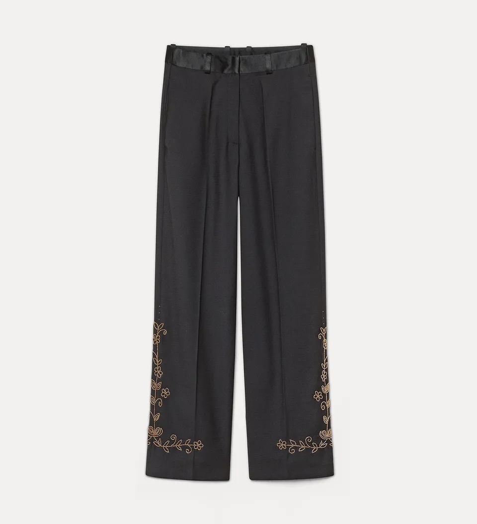 Forte pantaloni trousers with “the queen's beads” hand embroidery black pantaloni ricamati