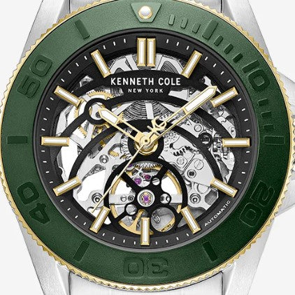 Kenneth Cole Reaction Skeleton Automatic Green Contrast Dial Bracelet Watch orologio automatico argento verde