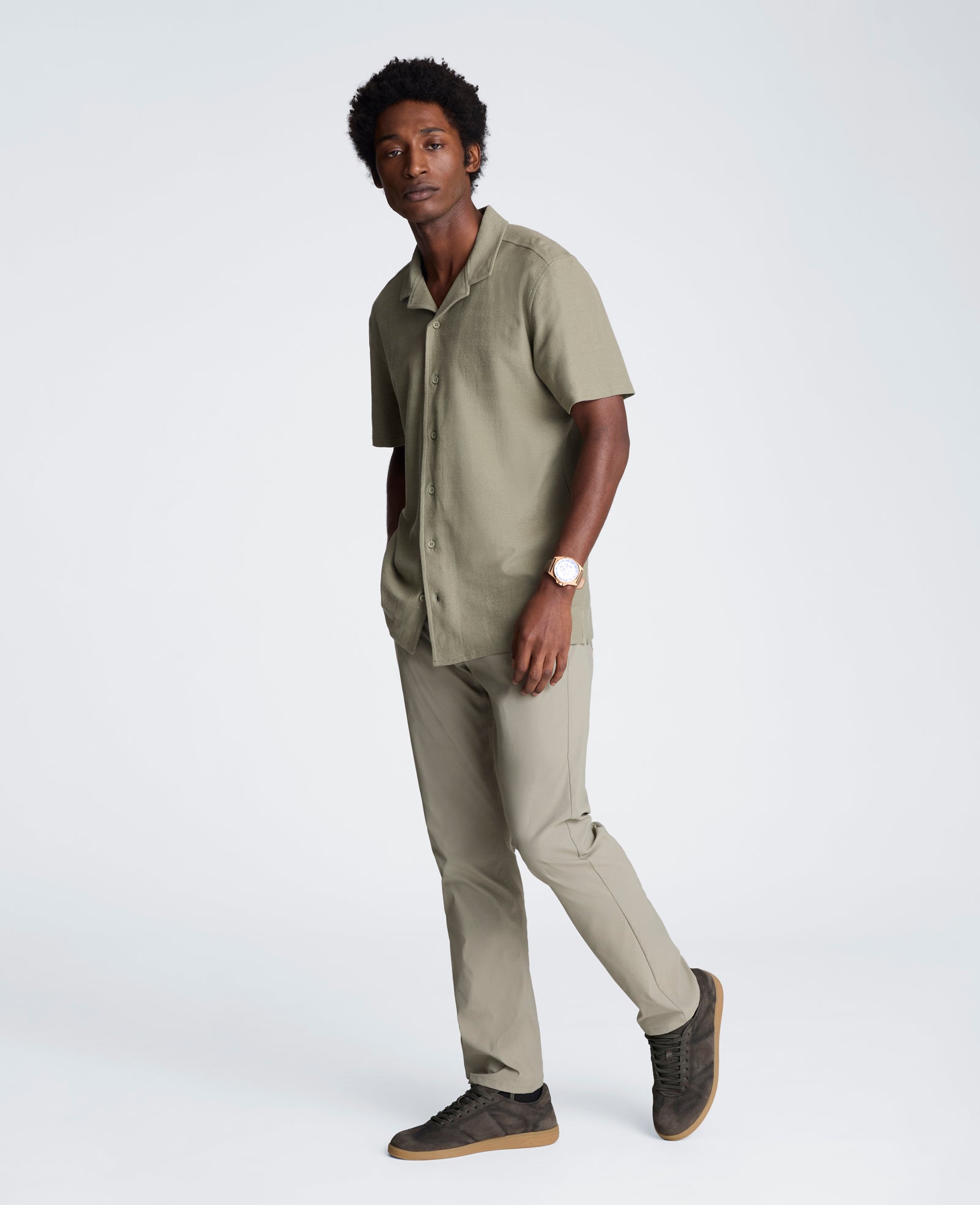 Kenneth Cole Reaction Clothing Knit Camp Shirt camicia uomo Sage in cotone stretch