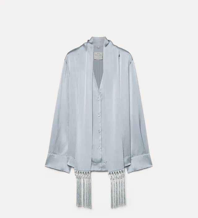 Forte camicie Silk Satin Shirt camicia grigia in seta pura con foulard