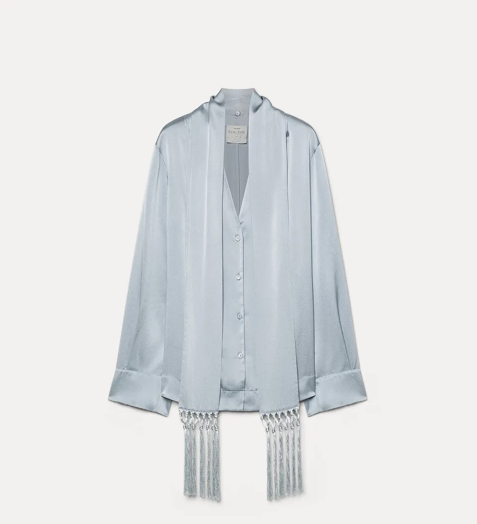 Forte camicie Silk Satin Shirt camicia grigia in seta pura con foulard