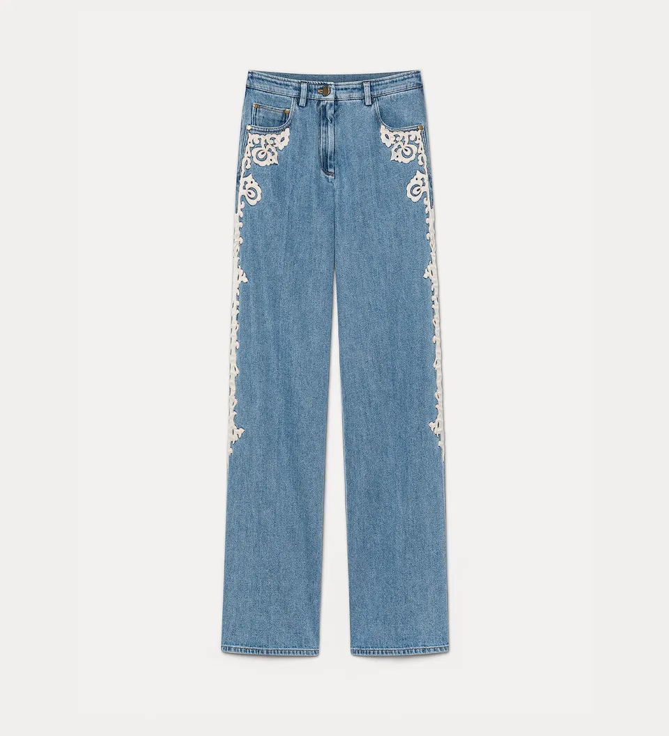 Forte pantaloni high-waisted embroidered 5-pocket trousers in cavalry denim celeste pantaloni denim vita alta