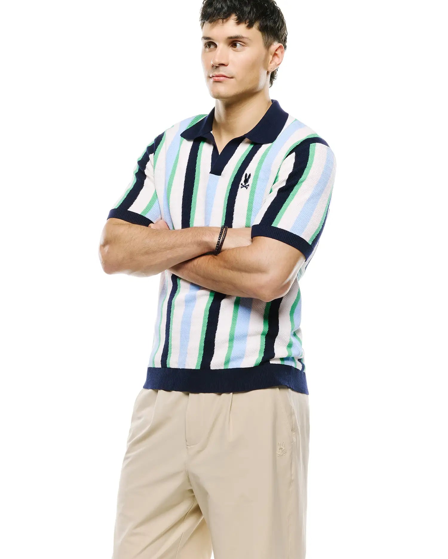 Psycho Bunny Men's Polos Wren Striped Knit Polo polo blu a righe in cotone