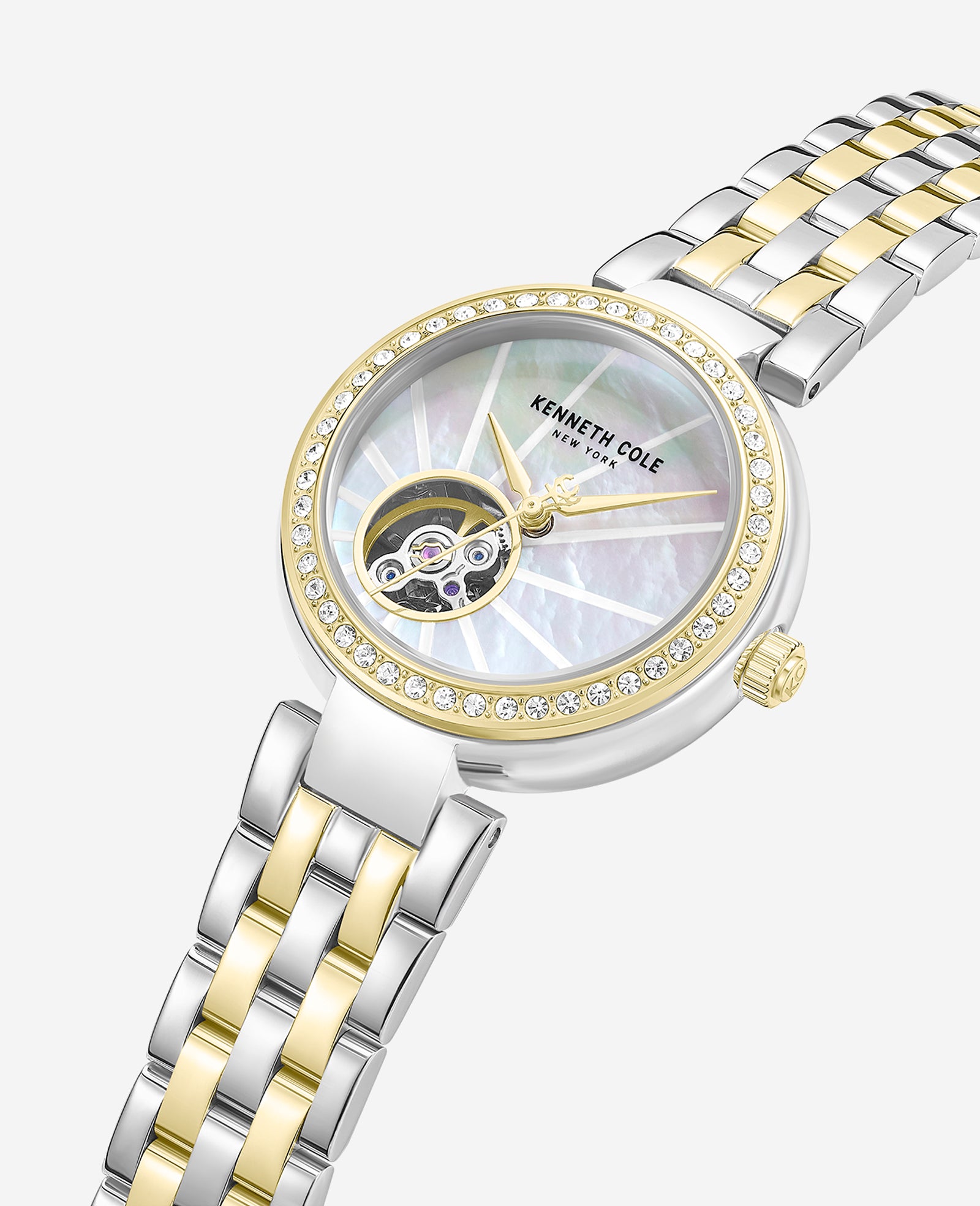 Kenneth Cole Reaction Watches Open Heart Automatic Crystal Lined MOP Dial Two Tone Bracelet Watch