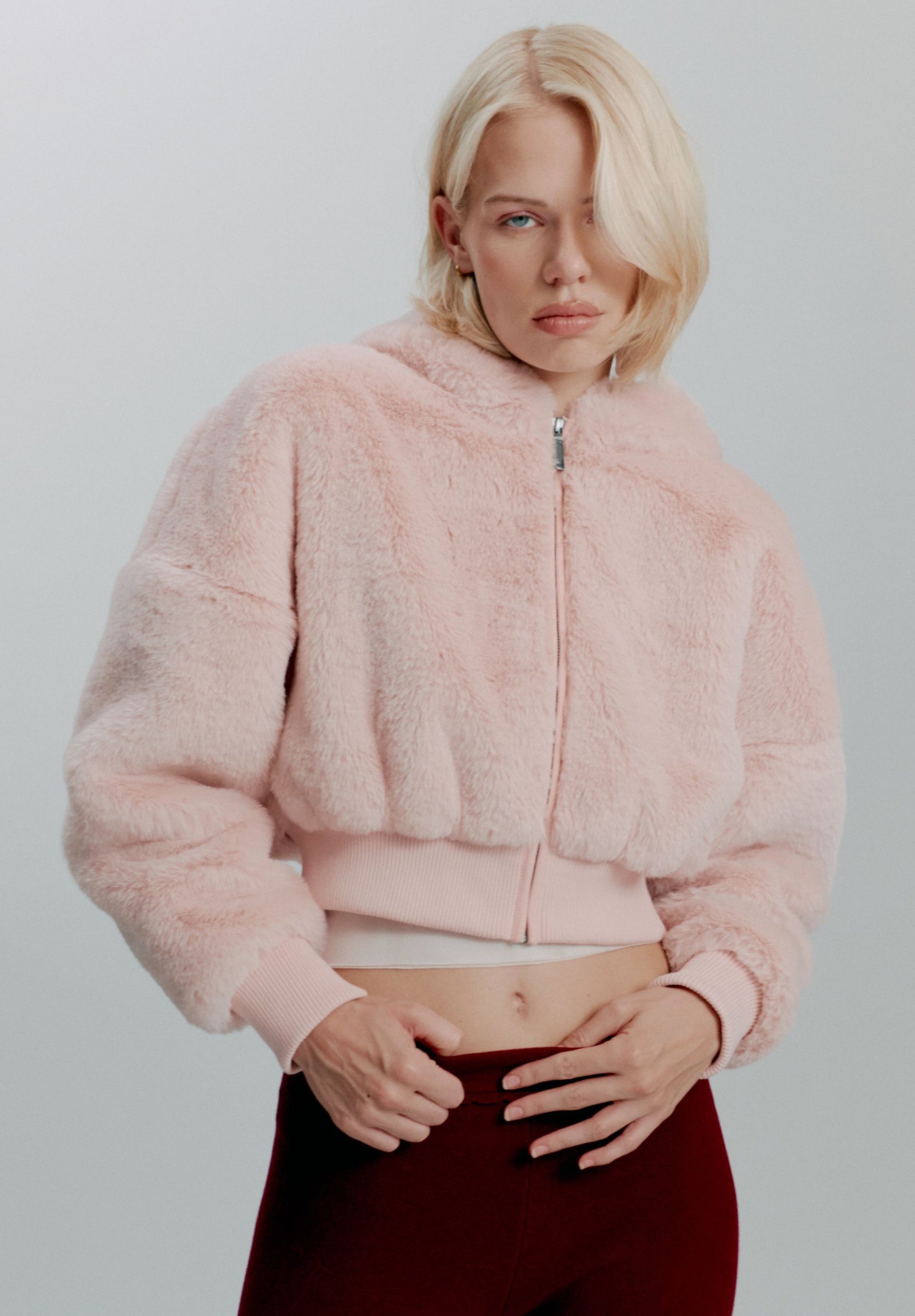 House Of Sunny Womens Tops Pink Teddy Zip Hoodie felpa rosa cropped