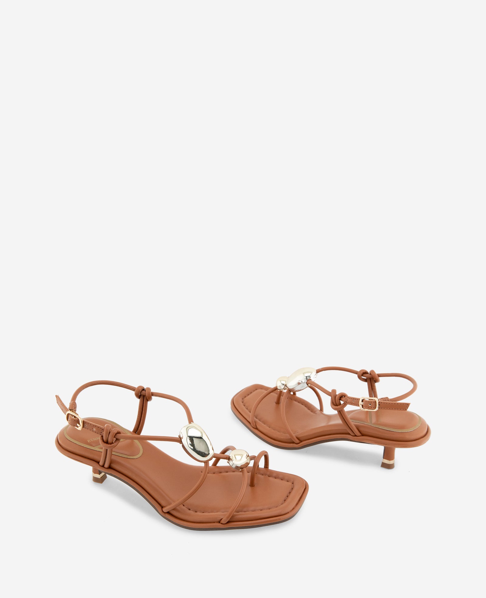 Kenneth Cole Reaction Shoes Gemma Embellished Strappy Leather Kitten Heel Sandal sandali tan tacco 5 cm