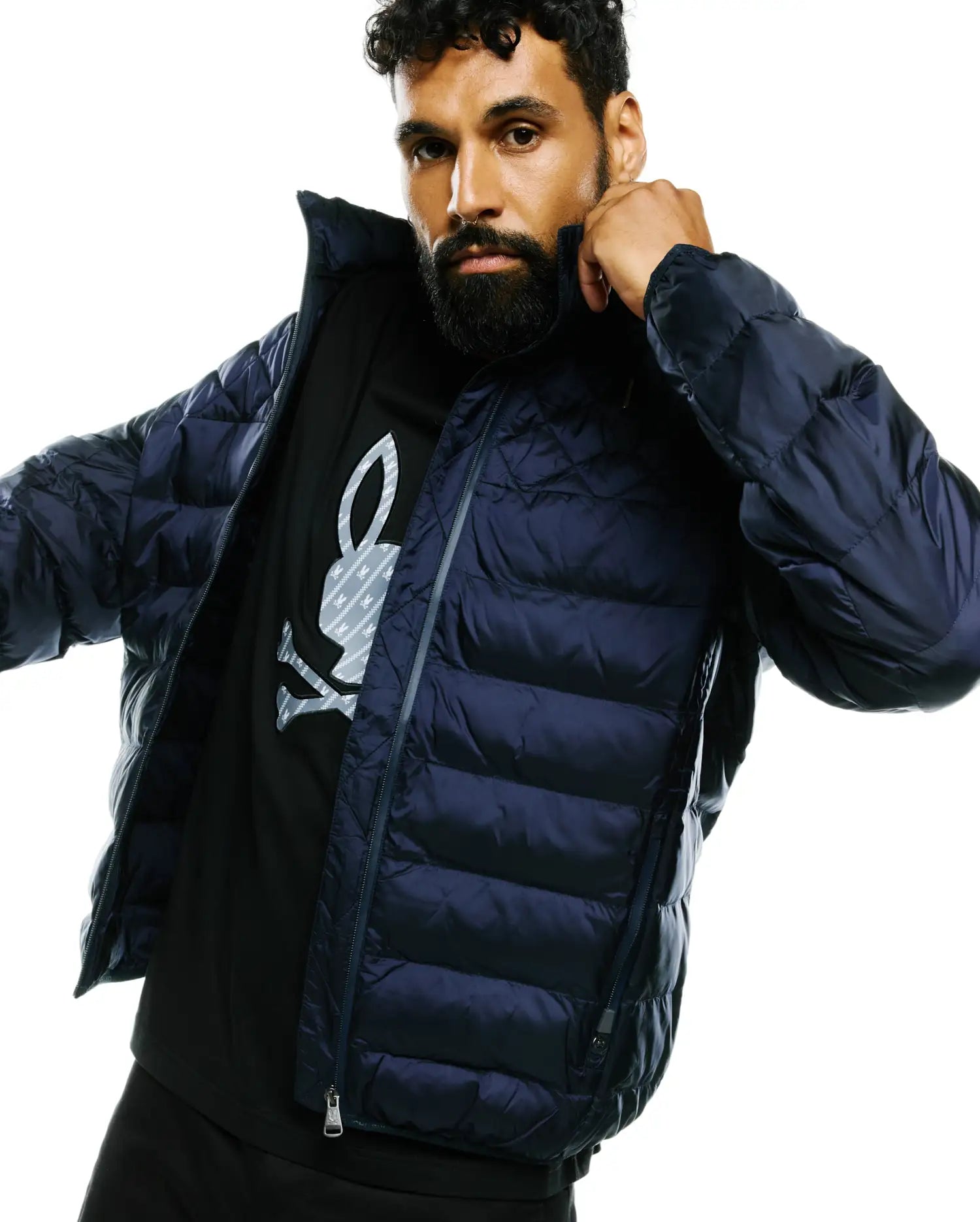 Psycho Bunny Jackets Emerik Hooded Puffer Jacket giacca blu in nylon