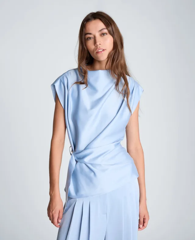 Kenneth Cole Reaction Clothing Belted Drape Neck Blouse blusa blu XS satin