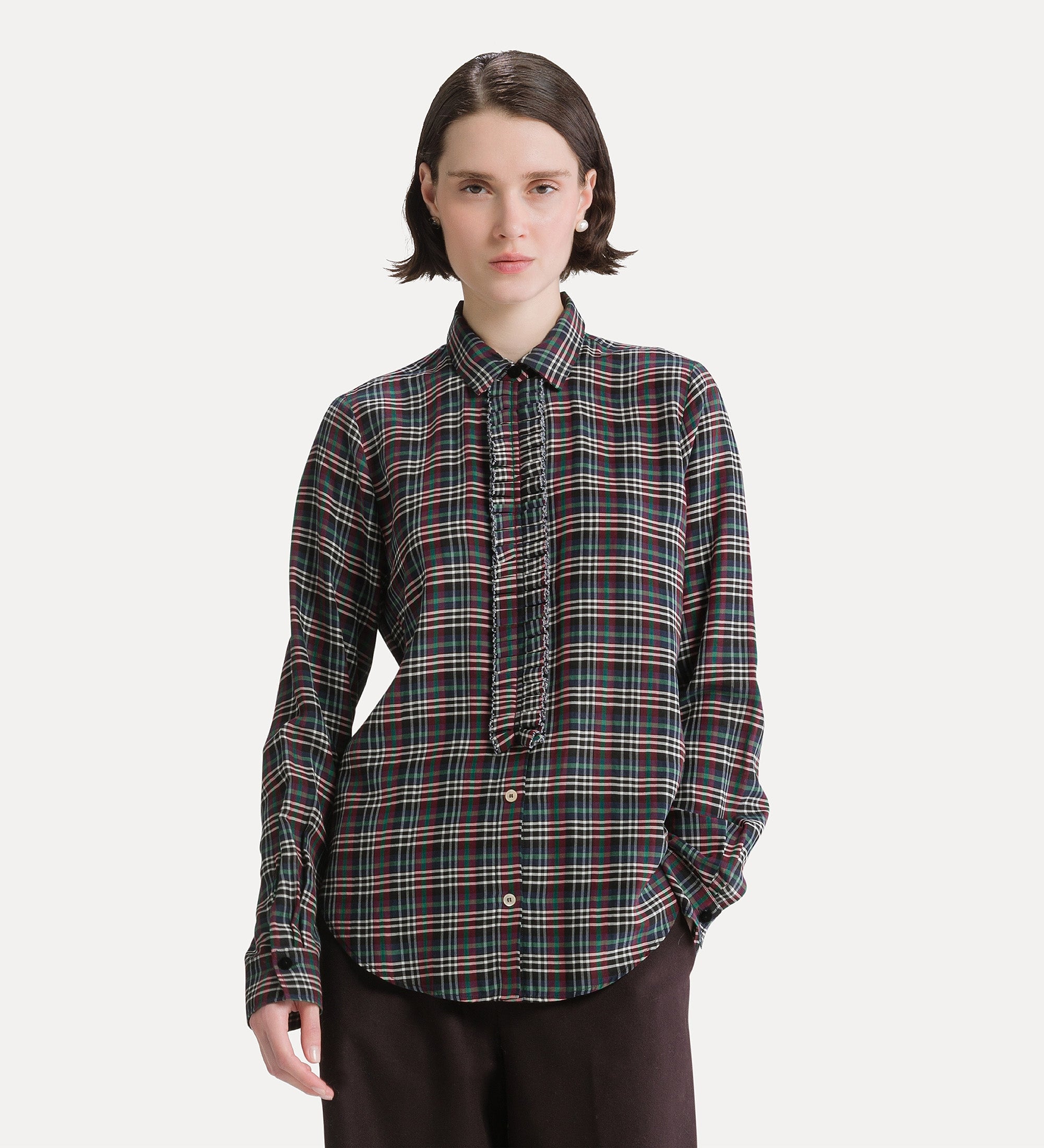 Forte camicie Ruched Voile Tartan Shirt camicia verde in voile
