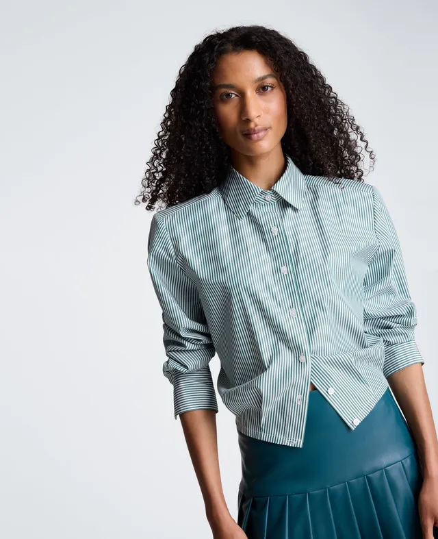 Kenneth Cole Reaction Clothing Cropped Button Down Shirt with Shoulder Pads camicia corta bianca e teal