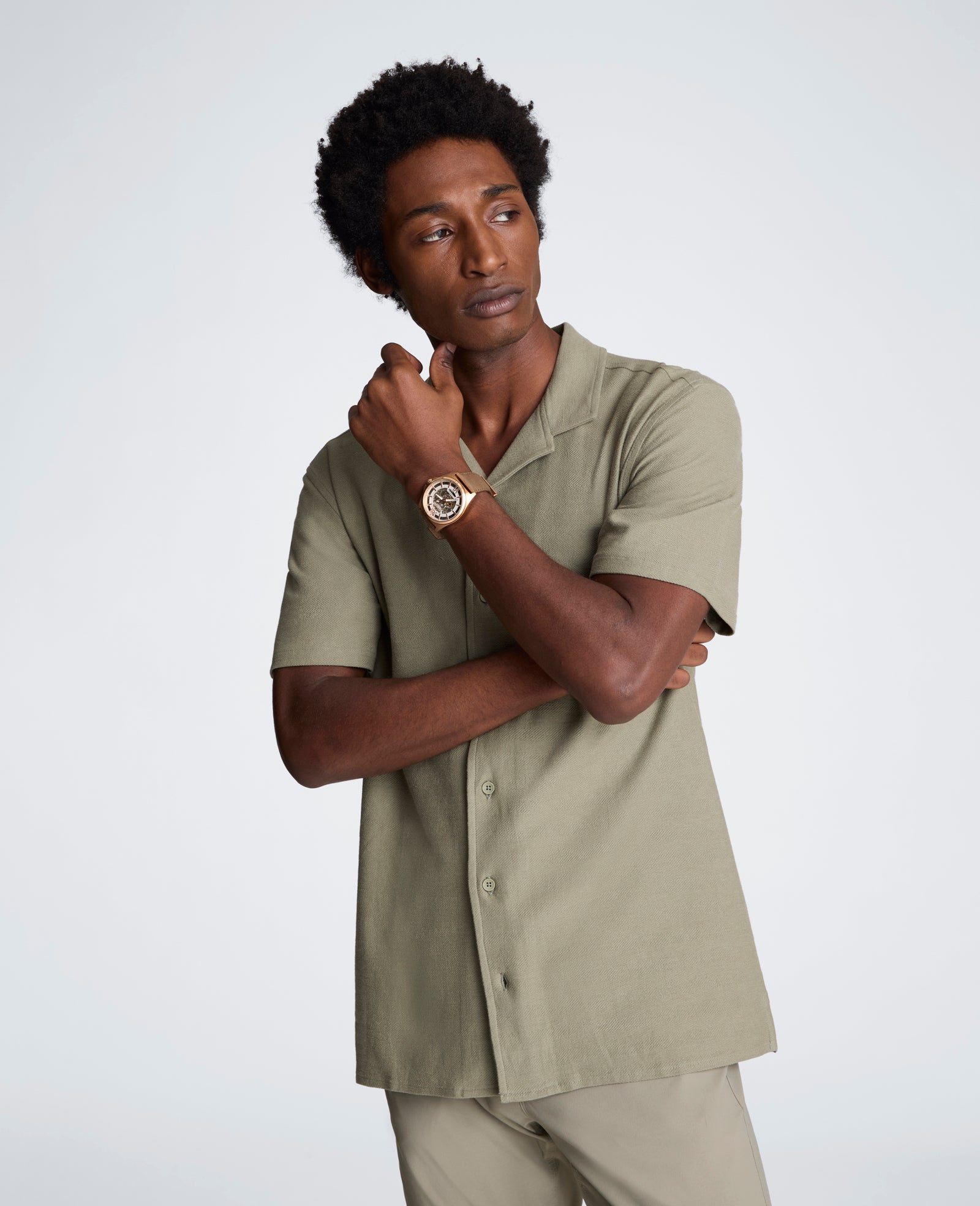 Kenneth Cole Reaction Clothing Knit Camp Shirt camicia uomo Sage in cotone stretch