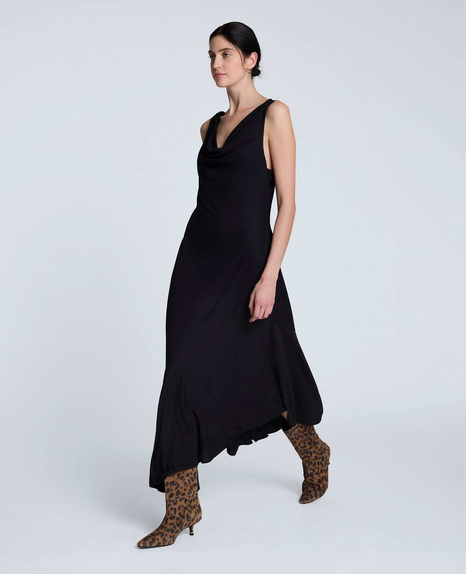 Kenneth Cole Reaction Clothing Asymmetrical Hem Cowl Neck Dress abito nero lungo