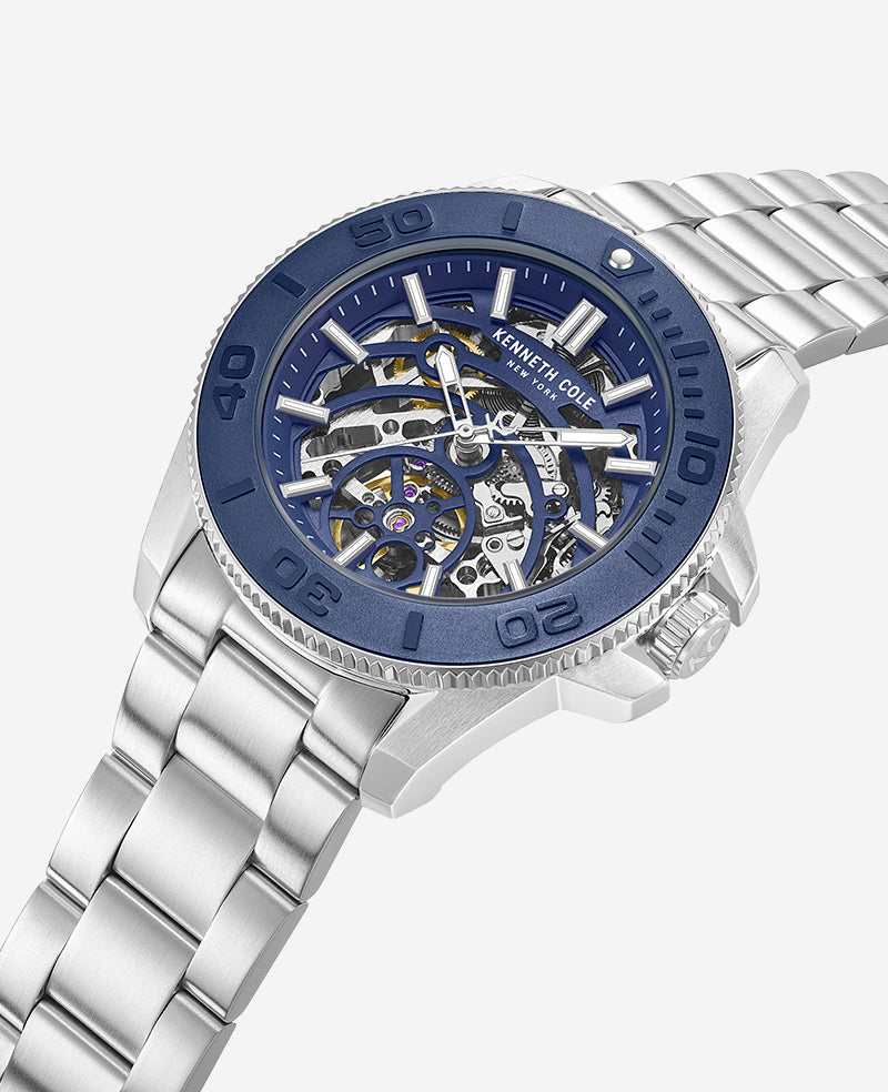 Kenneth Cole Reaction Watches Skeleton Automatic Blue Contrast Dial Bracelet Watch orologio automatico argento e blu