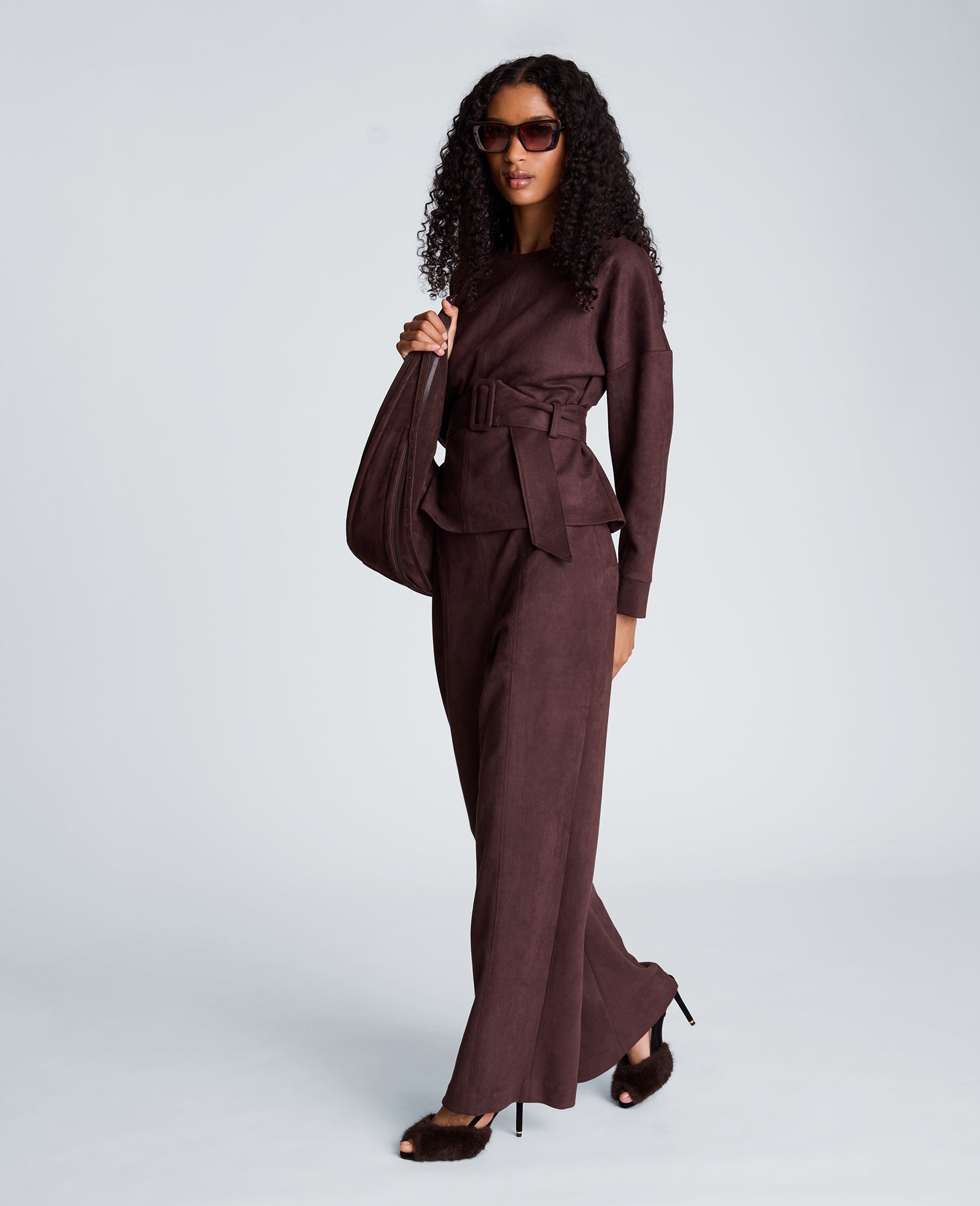 Kenneth Cole Reaction Clothing High Rise Pull On Wide Leg Hollywood Waist Pant pantaloni wide leg vita alta marrone