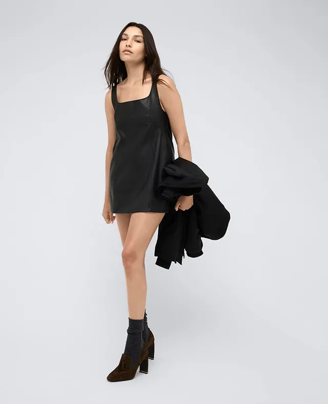 Kenneth Cole Reaction Clothing Leather Open Back Strap Shift Dress abito nero in pelle