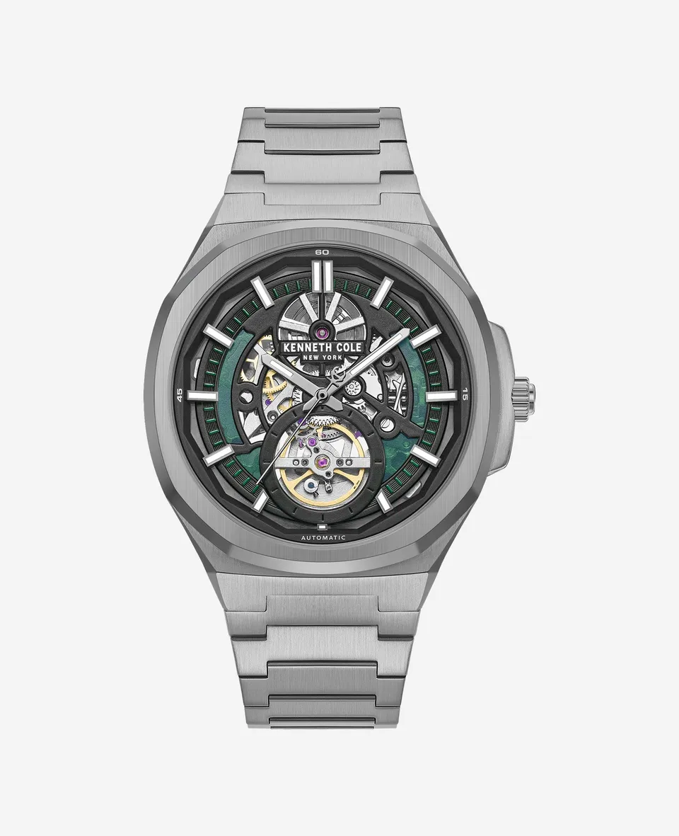 Kenneth Cole Reaction Watches Skeleton Automatic Bracelet Watch orologio automatico grigio scuro con bracciale in acciaio