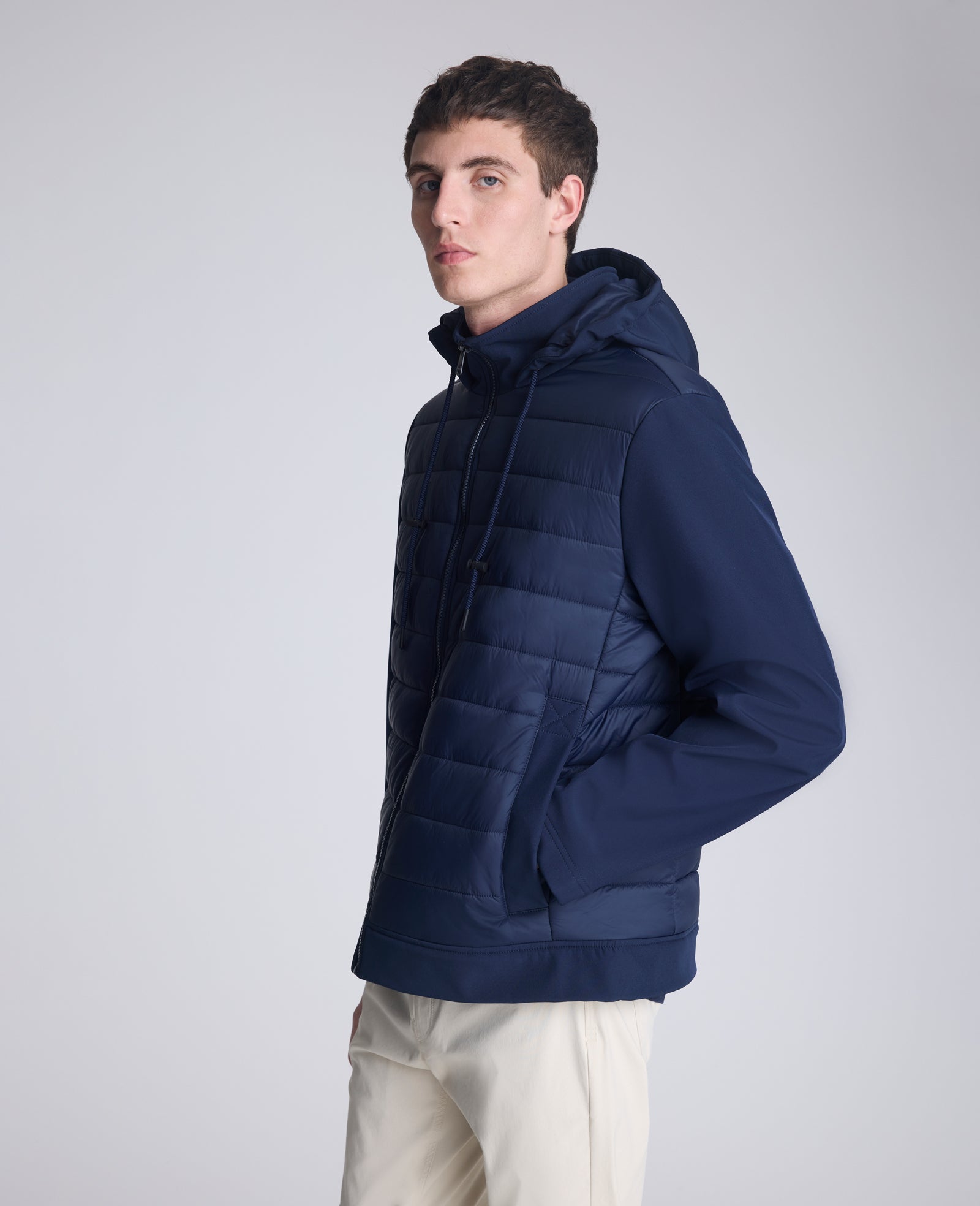 Kenneth Cole Reaction Mixed Media Hooded Soft Shell Jacket giacca blu navy imbottita