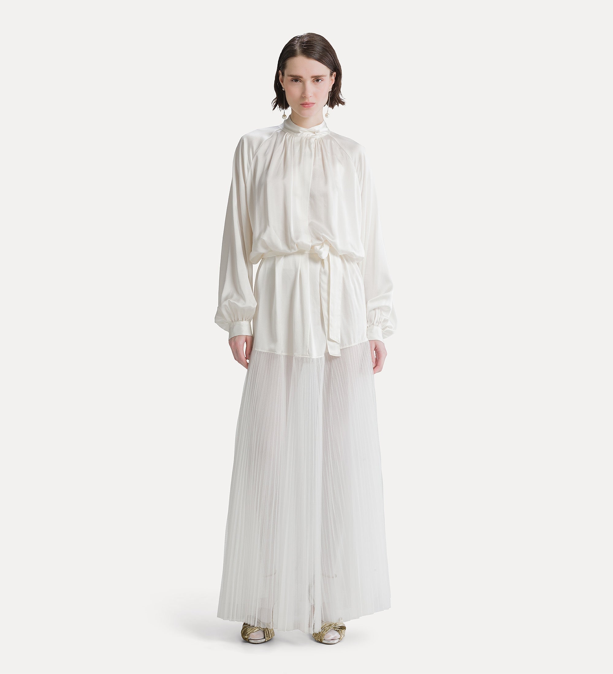Forte abiti abito lungo bianco in seta e tulle plissé