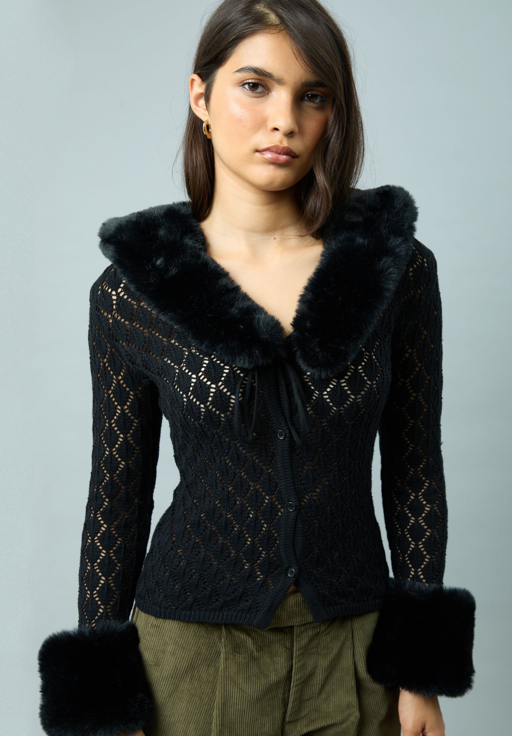 House Of Sunny Women's Knitwear Black Fur Collar Peggy maglia nera in cotone