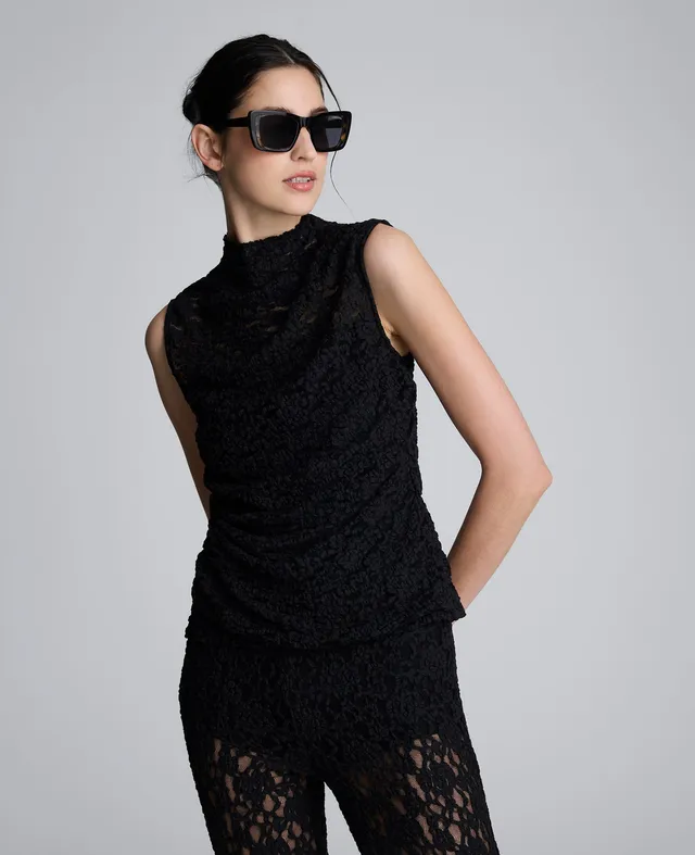 Kenneth Cole Reaction Clothing Sleeveless Stretch Lace Mock Neck Top top nero in pizzo elasticizzato
