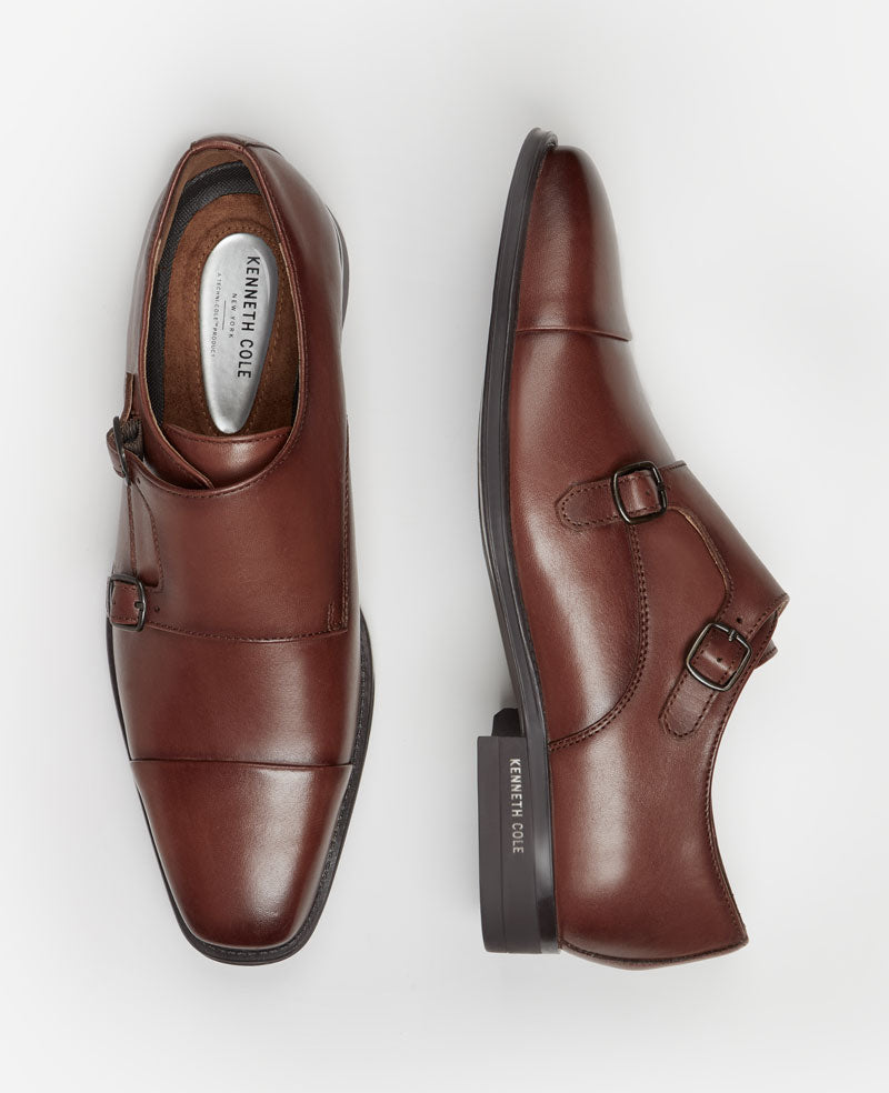 Kenneth Cole Reaction Shoes Charles Double Monk Strap Cap Toe Oxford scarpe cognac in pelle