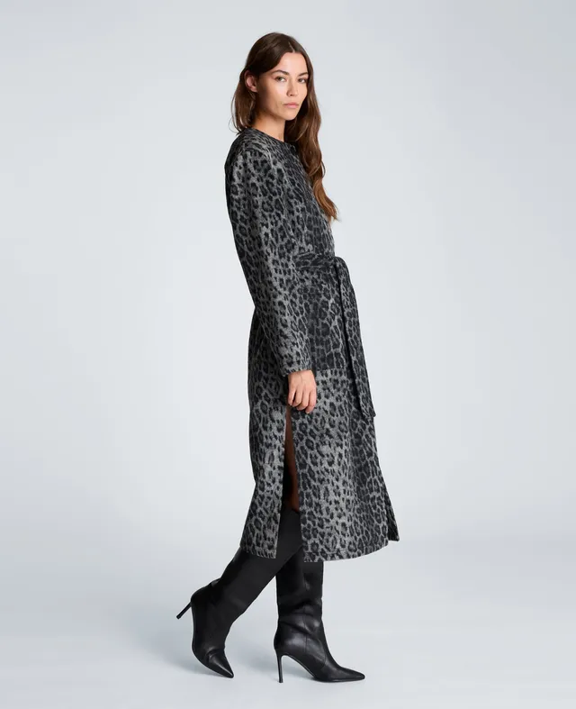 Kenneth Cole Reaction Clothing Jewel Neck Long Wool Wrap Coat cappotto nero leopardato