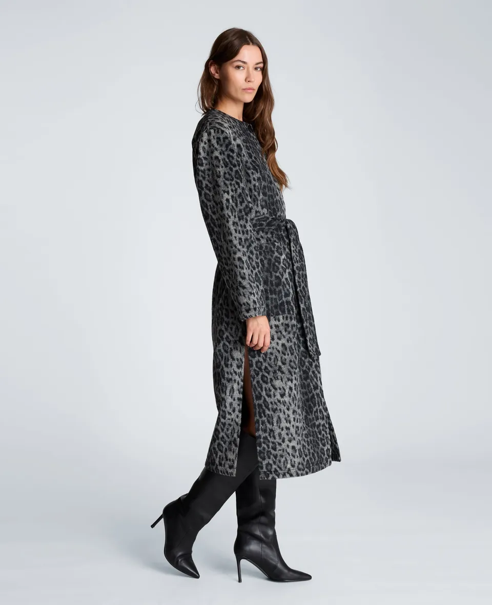 Kenneth Cole Reaction Clothing Jewel Neck Long Wool Wrap Coat cappotto nero leopardato