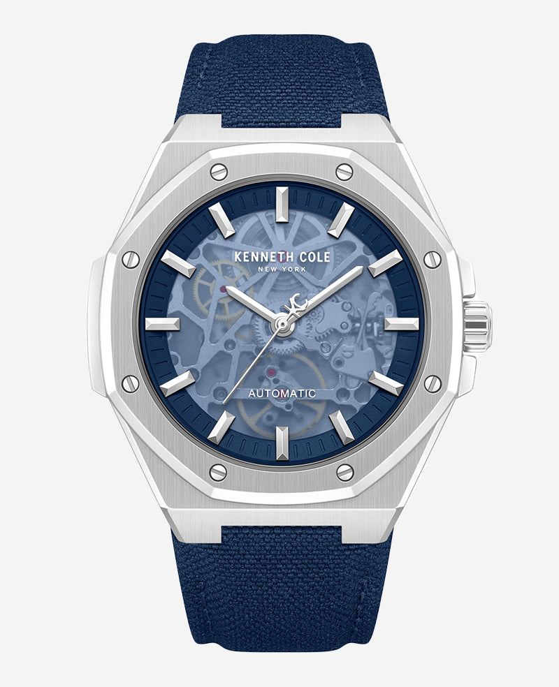 Kenneth Cole Reaction Watches Skeleton Automatic Blue Dial Nylon Strap Watch orologio argento