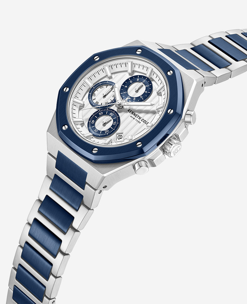 Kenneth Cole Reaction Watches Dress Sport Chronograph Two-Tone Stainless Steel Bracelet Watch orologio argento blu