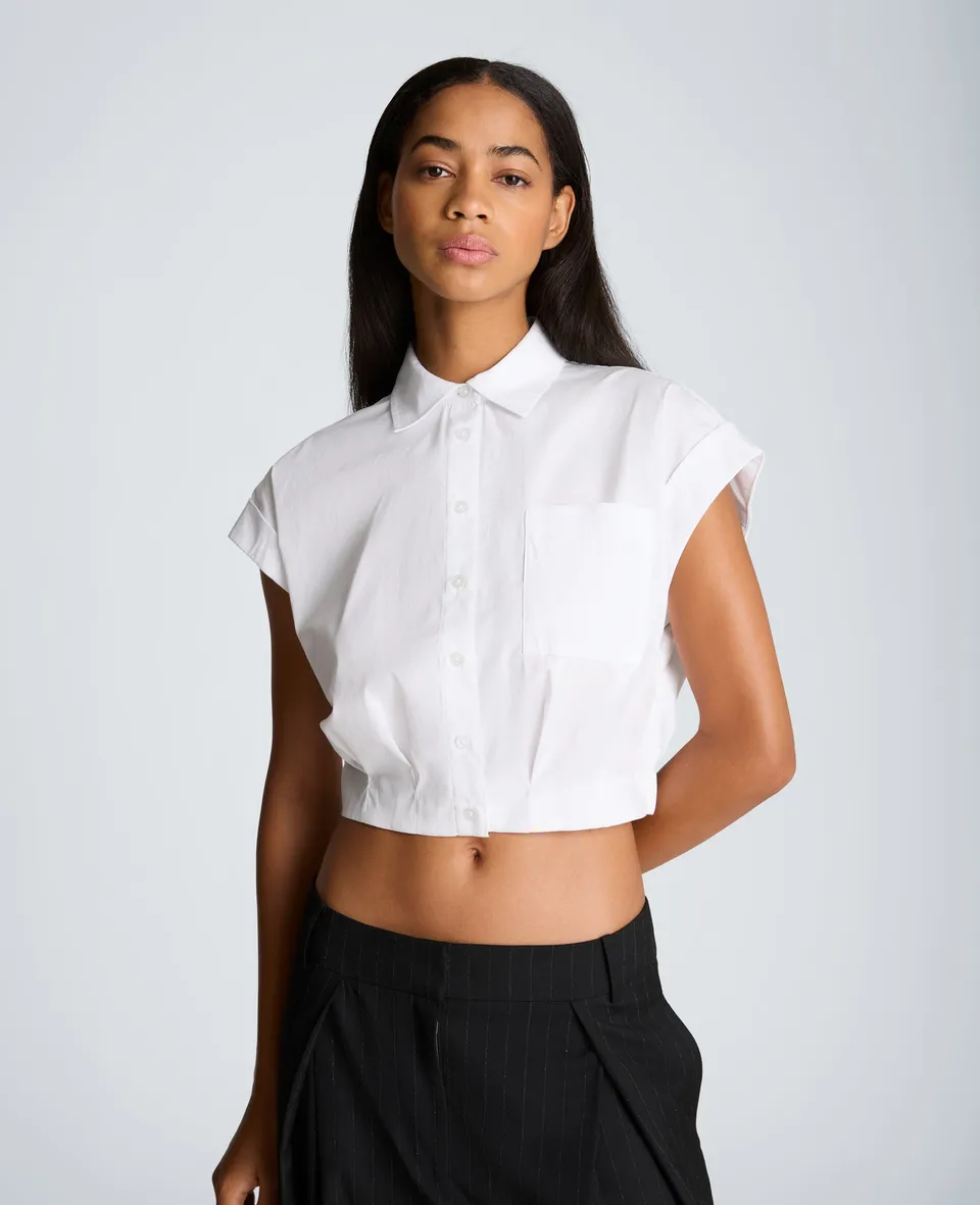 Kenneth Cole Reaction Cropped Short Sleeve Shirt camicia bianca popeline