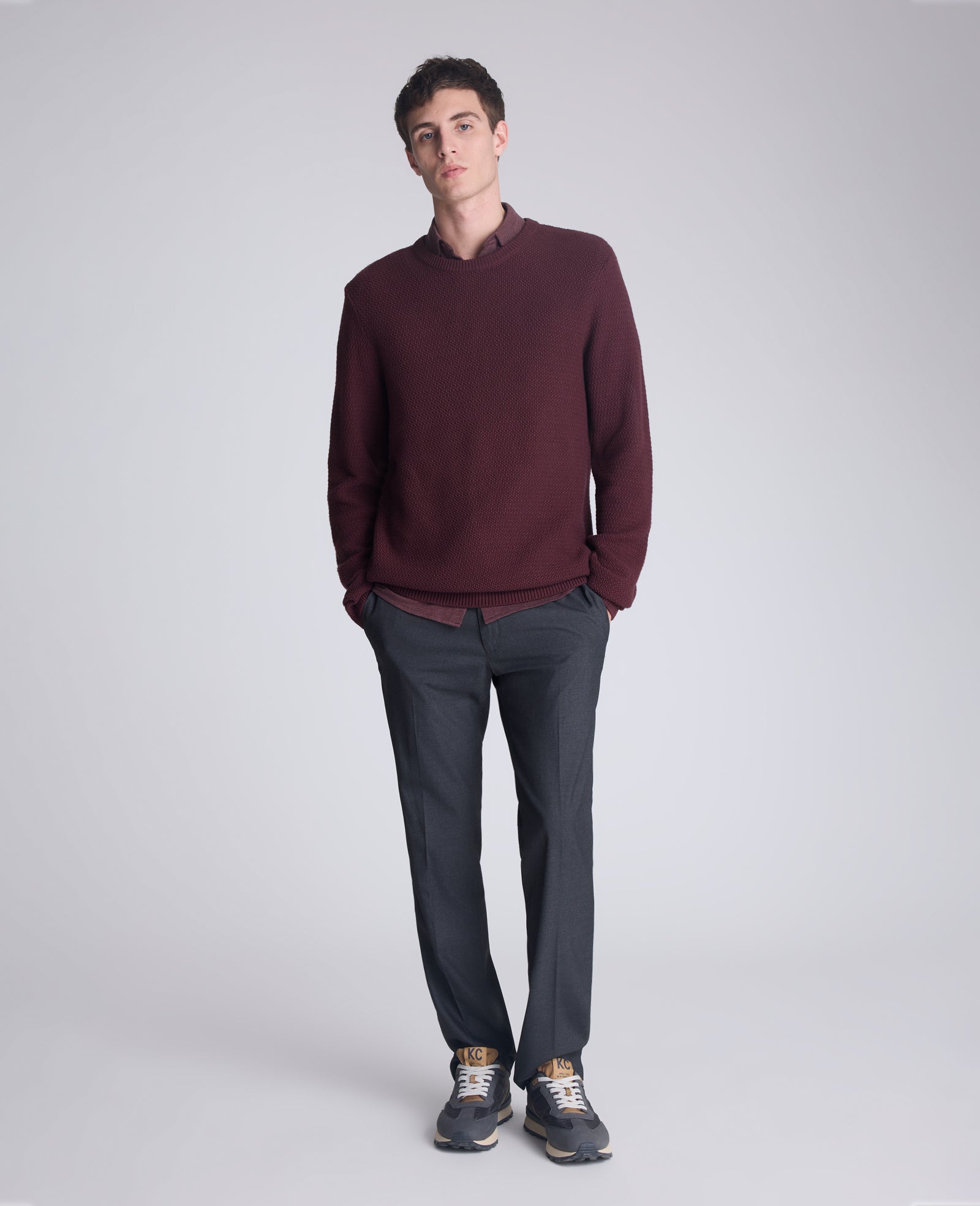 Kenneth Cole Reaction Clothing Popcorn Crew Sweater maglione bordeaux girocollo testurizzato