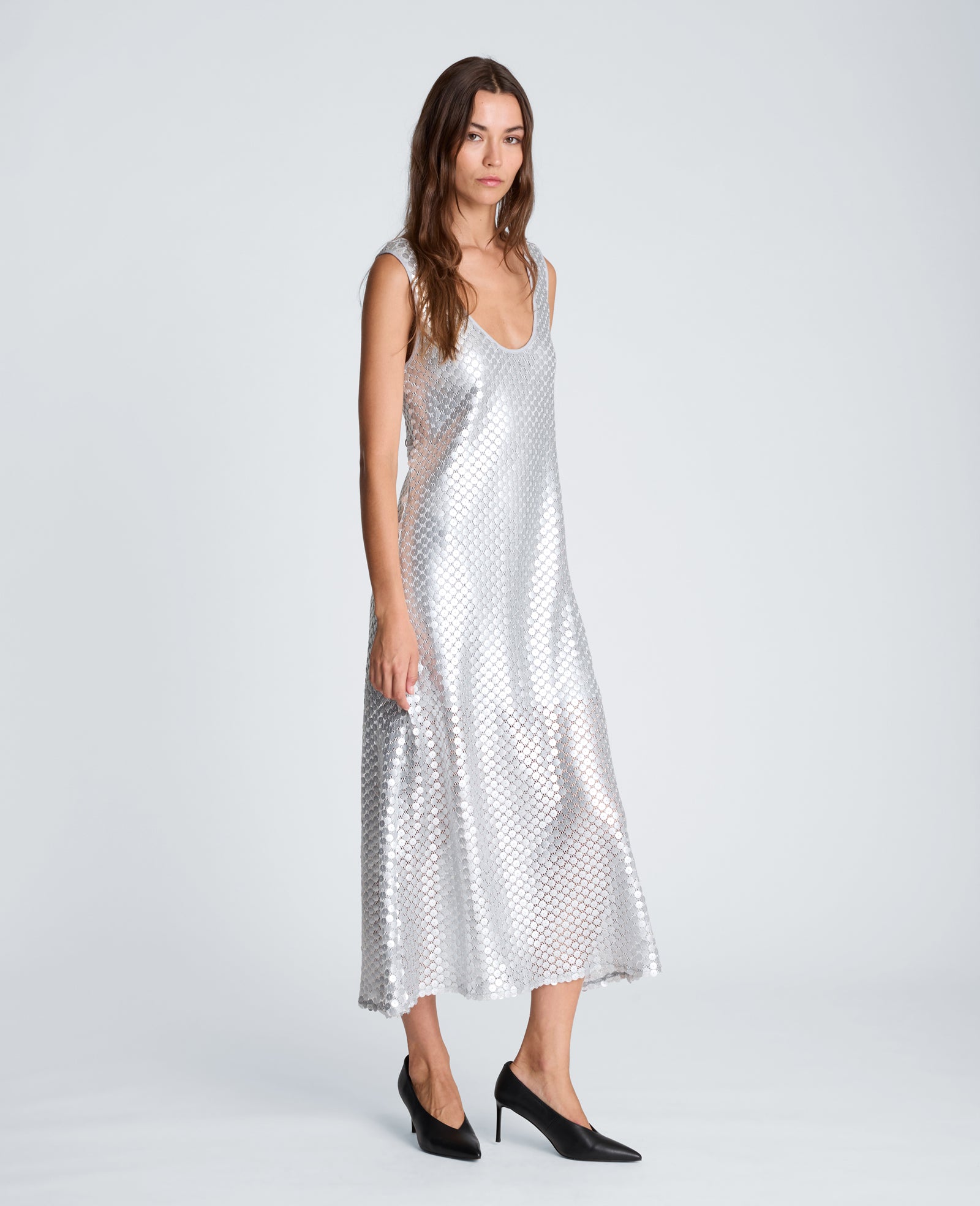 Kenneth Cole Reaction Clothing Tank Midi Slip Dress abito midi argento con paillettes