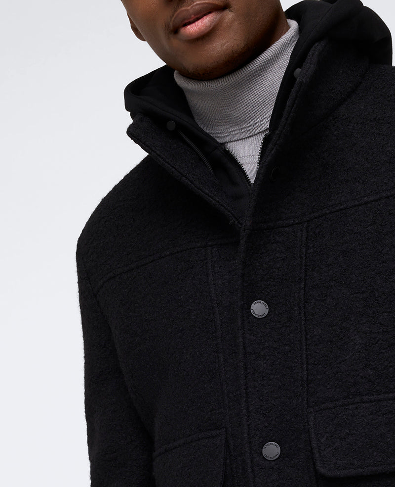 Kenneth Cole Reaction Clothing Boucle Wool Jacket with Attached Jersey Hood giacca nera in lana