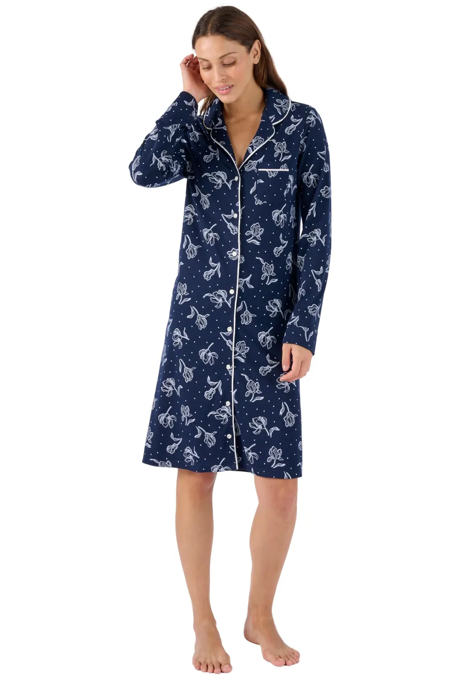 Damart Homewear Camicia da notte termica blu navy fiorita XS